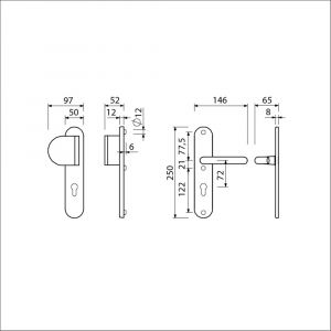 Ami VHB 250/50/1-90/83 veiligheidsvoordeur-duwerlangschildgarnituur SKG*** Archi Design ovaal VHB 250/50/1 profielcilinder PC 72 deurduwer 90/83 links en deurkruk 356 F1 mat Archi Design deurdikte 38-42 mm 622455