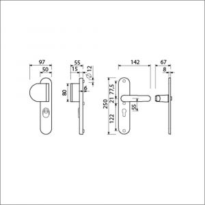 Ami VHB 250/15-90/83-378 KT veiligheids Rotaveer duwer-kruk langschildgarnituur SKG*** kerntrekbeveiliging Archi Design VHB 250/15 KT 55 deurduwer 90/83 links en deurkruk 378 Rota Irox deurdikte 38-42 mm 623305