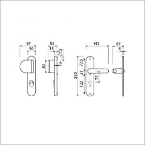 Ami VHB 250/15-90/83-378 KT veiligheids Rotaveer duwer-kruk langschildgarnituur SKG*** kerntrekbeveiliging Archi Design VHB 250/15 KT 72 deurduwer 90/83 links en deurkruk 378 Rota Irox deurdikte 38-42 mm 623315