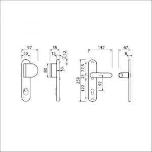 Ami VHB 250/15-90/83-378 KT veiligheids Rotaveer duwer-kruk langschildgarnituur SKG*** kerntrekbeveiliging Archi Design VHB 250/15 KT 92 deurduwer 90/83 rechts en deurkruk 378 Rota Irox deurdikte 38-42 mm 623321