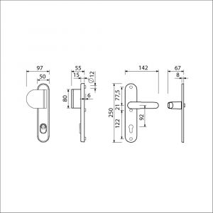 Ami VHB 250/15-90/83-378 KT veiligheids Rotaveer duwer-kruk langschildgarnituur SKG*** kerntrekbeveiliging Archi Design VHB 250/15 KT 92 deurduwer 90/83 links en deurkruk 378 Rota Irox deurdikte 38-42 mm 623325