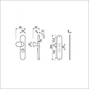 Ami VHB 250/15-145 KT veiligheids knop-kruk langschildgarnituur SKG*** kerntrekbeveiliging ovaal VHB 250/50/15 KT 55 knop 145 en zonder deurkruk profielcilinder PC 55 F1 deurdikte 38-42 mm 656310