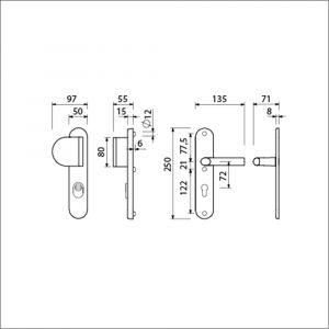 Ami VHB 250/15-90/83 KT veiligheids duwer-kruk langschildgarnituur SKG*** kerntrekbeveiliging ovaal VHB 250/50/15 KT 72 deurduwer 90/83 links en deurkruk 369 profielcilinder PC 72 F1 deurdikte 38-42 mm 656445