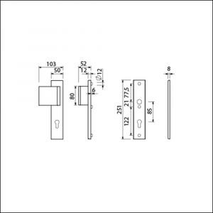 Ami VHB 251/50-90/80 veiligheidsvoordeur-duwerlangschildgarnituur SKG*** VHB 251/50 profielcilinder PC 85 deurduwer 90/80 links F1 en zonder deurkruk deurdikte 38-42 mm 803650