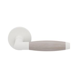GPF Bouwbeslag ZwartWit GPF4000.62/H3-00 Ika deurkruk haaks met trapezium eindknop wit-eiken whitewash op rond wit rozet GPF400062-H30100-00
