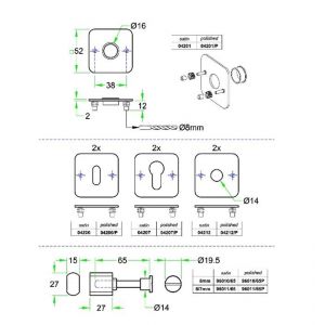 Artitec RVS Woning WC garnituur 2 mm vlakrozet vierkant FS RVS mat WC 8 mm 04212/T8