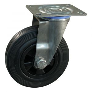 Protempo serie 01-30 zwenk transportwiel plaatbevestiging RVS gaffel PP velg standaard zwarte rubberen band 80 mm glijlager 201.081.306.000