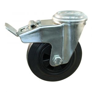 Protempo serie 01-31 zwenk transportwiel boutgat dubbele rem naloop RVS gaffel PP velg standaard zwarte rubberen band 80 mm glijlager 201.081.310.512