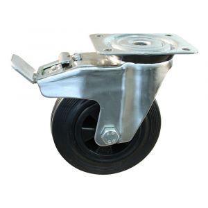 Protempo serie 01-31 zwenk transportwiel plaatbevestiging dubbele rem naloop RVS gaffel PP velg standaard zwarte rubberen band 80 mm glijlager 201.081.316.500