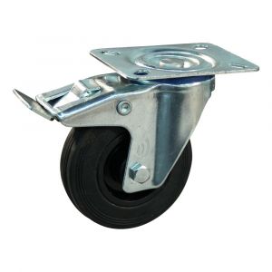 Protempo serie 01-13 zwenk transportwiel plaatbevestiging dubbele rem naloop stalen gaffel PP velg standaard zwarte rubberen band 100 mm rollager 201.102.136.500