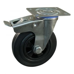 Protempo serie 01-30 zwenk transportwiel plaatbevestiging dubbele rem naloop RVS gaffel PP velg standaard zwarte rubberen band 100 mm rollager RVS 201.109.306.500