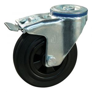 Protempo serie 01-12 zwenk transportwiel boutgat dubbele rem naloop stalen gaffel PP velg standaard zwarte rubberen band 125 mm glijlager 201.121.120.500