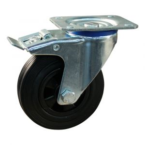 Protempo serie 01-12 zwenk transportwiel plaatbevestiging dubbele rem naloop stalen gaffel PP velg standaard zwarte rubberen band 125 mm glijlager 201.121.126.500