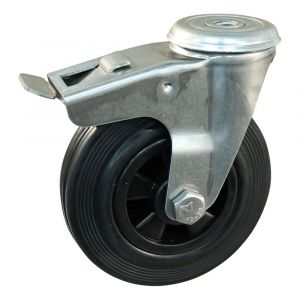 Protempo serie 01-30 zwenk transportwiel boutgat dubbele rem naloop RVS gaffel PP velg standaard zwarte rubberen band 125 mm glijlager 201.121.300.512