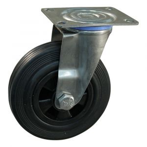 Protempo serie 01-30 zwenk transportwiel plaatbevestiging RVS gaffel PP velg standaard zwarte rubberen band 125 mm glijlager 201.121.306.000