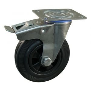 Protempo serie 01-30 zwenk transportwiel plaatbevestiging dubbele rem naloop RVS gaffel PP velg standaard zwarte rubberen band 125 mm rollager RVS 201.129.306.500