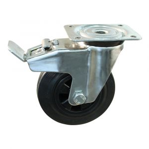 Protempo serie 01-31 zwenk transportwiel plaatbevestiging dubbele rem naloop RVS gaffel PP velg standaard zwarte rubberen band 125 mm rollager RVS 201.129.316.500