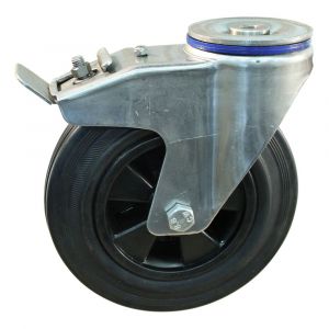 Protempo serie 01-31 zwenk transportwiel boutgat dubbele rem naloop RVS gaffel PP velg standaard zwarte rubberen band 180 mm glijlager 201.181.310.512