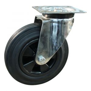 Protempo serie 01-31 zwenk transportwiel plaatbevestiging RVS gaffel PP velg standaard zwarte rubberen band 180 mm glijlager 201.181.316.000