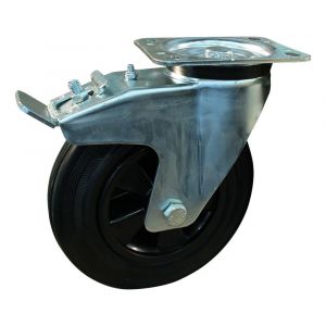 Protempo serie 01-91 zwenk transportwiel plaatbevestiging dubbele rem naloop stalen gaffel PP velg standaard zwarte rubberen band 180 mm glijlager 201.181.916.500