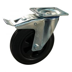 Protempo serie 01-12 zwenk transportwiel plaatbevestiging dubbele rem naloop stalen gaffel PP velg standaard zwarte rubberen band 200 mm glijlager 201.201.126.500