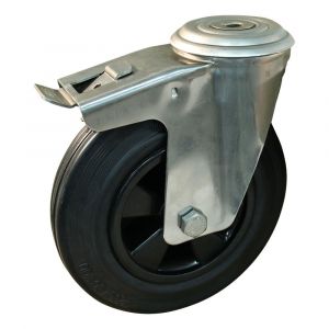 Protempo serie 01-30 zwenk transportwiel boutgat dubbele rem naloop RVS gaffel PP velg standaard zwarte rubberen band 200 mm glijlager 201.201.300.516