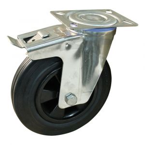 Protempo serie 01-30 zwenk transportwiel plaatbevestiging dubbele rem naloop RVS gaffel PP velg standaard zwarte rubberen band 200 mm glijlager 201.201.306.500