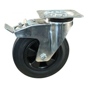 Protempo serie 01-31 zwenk transportwiel plaatbevestiging dubbele rem naloop RVS gaffel PP velg standaard zwarte rubberen band 200 mm glijlager 201.201.316.500