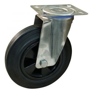 Protempo serie 01-30 zwenk transportwiel plaatbevestiging RVS gaffel PP velg standaard zwarte rubberen band 200 mm rollager RVS 201.209.306.000