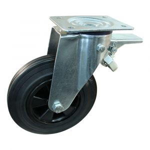 Protempo serie 01-12 zwenk transportwiel plaatbevestiging dubbele rem voorloop stalen gaffel PP velg standaard zwarte rubberen band zwenkgaffel 250 mm rollager 201.252.126.300