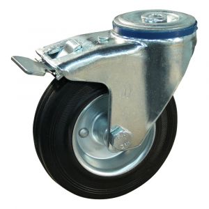 Protempo serie 02-12 zwenk transportwiel boutgat dubbele rem naloop stalen gaffel stalen velg standaard zwarte rubberen band 125 mm rollager 202.122.120.500