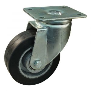 Protempo serie 04-19 zwenk transportwiel plaatbevestiging stalen gaffel gietijzeren velg zwarte elastische rubberen band ± 70 shore A 150 mm kogellager 204.156.196.050