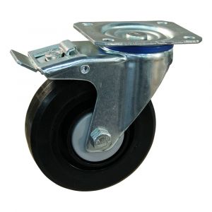 Protempo serie 07-12 zwenk transportwiel plaatbevestiging dubbele rem naloop stalen gaffel zwarte PA velg zwarte elastische rubberen band ± 70 shore A 80 mm kogellager 207.086.126.500