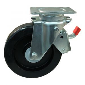 Protempo serie 07-14 zwenk transportwiel plaatbevestiging enkele rem stalen gaffel zwarte PA velg zwarte elastische rubberen band ± 70 shore A 200 mm kogellager 207.206.146.661