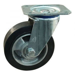 Protempo serie 10-10 zwenk transportwiel plaatbevestiging stalen gaffel aluminium velg zwarte elastische rubberen band ± 68 shore A 100 mm kogellager 210.106.106.000