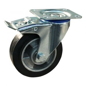 Protempo serie 10-12 zwenk transportwiel plaatbevestiging dubbele rem naloop en stalen gaffel aluminium velg zwarte elastische rubberen band ± 68 shore A 100 mm kogellager 210.106.126.500