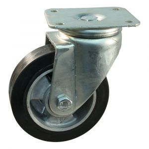 Protempo serie 10-19 zwenk transportwiel plaatbevestiging stalen gaffel wiel aluminium velg zwarte elastische rubberen band ± 68 shore A 100 mm kogellager 210.106.196.000