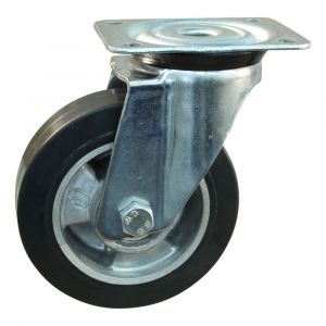 Protempo serie 10-91 zwenk transportwiel plaatbevestiging stalen gaffel wiel aluminium velg zwarte elastische rubberen band ± 68 shore A 100 mm kogellager 210.106.916.000