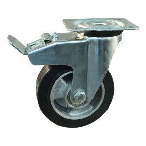 Protempo serie 10-91 zwenk transportwiel plaatbevestiging dubbele rem naloop en stalen gaffel aluminium velg zwarte elastische rubberen band ± 68 shore A 100 mm kogellager 210.106.916.500