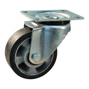 Protempo serie 10-11 zwenk transportwiel plaatbevestiging stalen gaffel wiel aluminium velg zwarte elastische rubberen band ± 68 shore A 125 mm kogellager 210.126.116.050