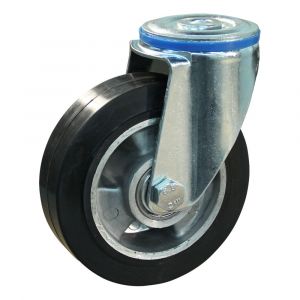 Protempo serie 10-12 zwenk transportwiel boutgat stalen gaffel wiel aluminium velg zwarte elastische rubberen band ± 68 shore A 125 mm kogellager 210.126.120.000