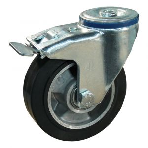 Protempo serie 10-12 zwenk transportwiel boutgat dubbele rem naloop stalen gaffel aluminium velg zwarte elastische rubberen band ± 68 shore A 125 mm kogellager 210.126.120.500