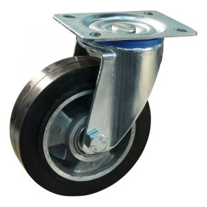 Protempo serie 10-12 zwenk transportwiel plaatbevestiging stalen gaffel wiel aluminium velg zwarte elastische rubberen band ± 68 shore A 125 mm kogellager 210.126.126.000