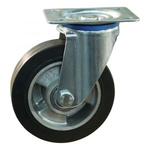 Protempo serie 10-12 zwenk transportwiel plaatbevestiging stalen gaffel wiel aluminium velg zwarte elastische rubberen band ± 68 shore A 125 mm kogellager 210.126.126.050