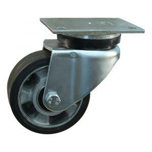 Protempo serie 10-14 zwenk transportwiel plaatbevestiging stalen gaffel wiel aluminium velg zwarte elastische rubberen band ± 68 shore A 125 mm kogellager 210.126.146.050