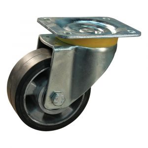 Protempo serie 10-16 zwenk transportwiel plaatbevestiging stalen gaffel wiel aluminium velg zwarte elastische rubberen band ± 68 shore A 125 mm kogellager 210.126.166.050