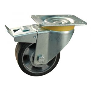 Protempo serie 10-16 zwenk transportwiel plaatbevestiging dubbele rem naloop en stalen gaffel aluminium velg zwarte elastische rubberen band ± 68 shore A 125 mm kogellager 210.126.166.550