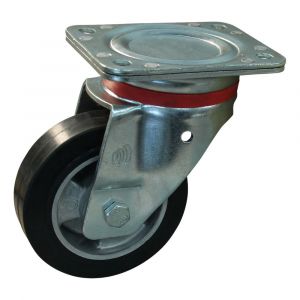 Protempo serie 10-17 zwenk transportwiel plaatbevestiging stalen gaffel wiel aluminium velg zwarte elastische rubberen band ± 68 shore A 125 mm kogellager 210.126.176.040