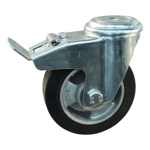 Protempo serie 10-91 zwenk transportwiel boutgat dubbele rem naloop stalen gaffel aluminium velg zwarte elastische rubberen band ± 68 shore A 125 mm kogellager 210.126.910.540