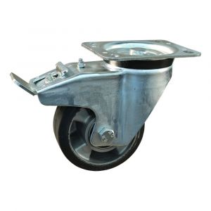 Protempo serie 10-91 zwenk transportwiel plaatbevestiging dubbele rem naloop en stalen gaffel aluminium velg zwarte elastische rubberen band ± 68 shore A 125 mm kogellager 210.126.916.550